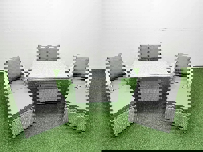 Fimous Light Grey PE Wicker Rattan Garden Furniture Set Sofa Set Reclining Chair Adjustable Lifting Dining or Coffee Table 6 Seater 2 Big Stools