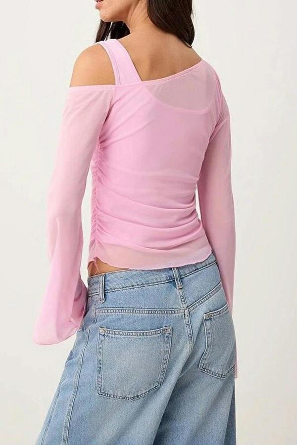 WOVCOR Fitted Asymmetric Neck Long Sleeve Ruched Mesh Blouse
