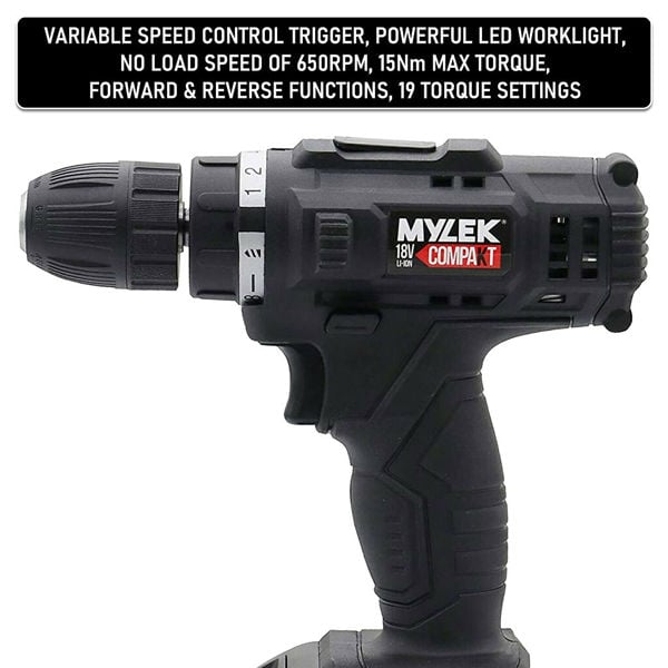 Mylek 18V Cordless Li-ion Drill And 13 Piece Accessory Set