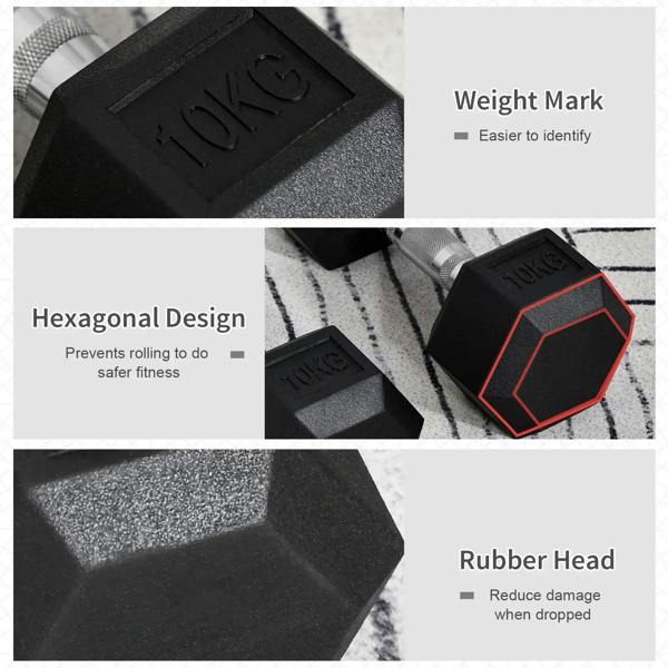 Black hex rubber dumbbell with embossed weight mark on textured rubber head and bar