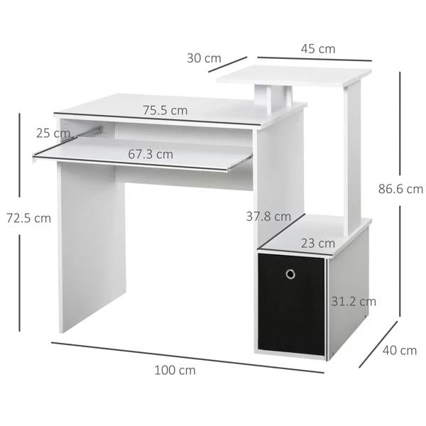White computer desk with sliding keyboard tray and black fabric drawer, shown with dimensions