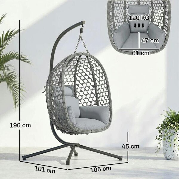 Hanging Egg Chair, Indoor Outdoor Rattan Hammock Swing Chair with Stand, Safety Strap, Foldable Basket, Dark Grey