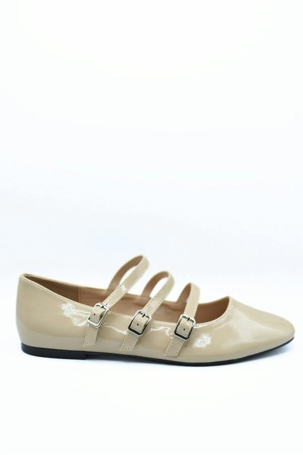 Gwen Strappy Buckle Detail Flat Shoes - Beige