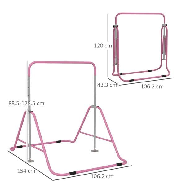 Pink adjustable kids gymnastic bar shown in compact and tall frame positions