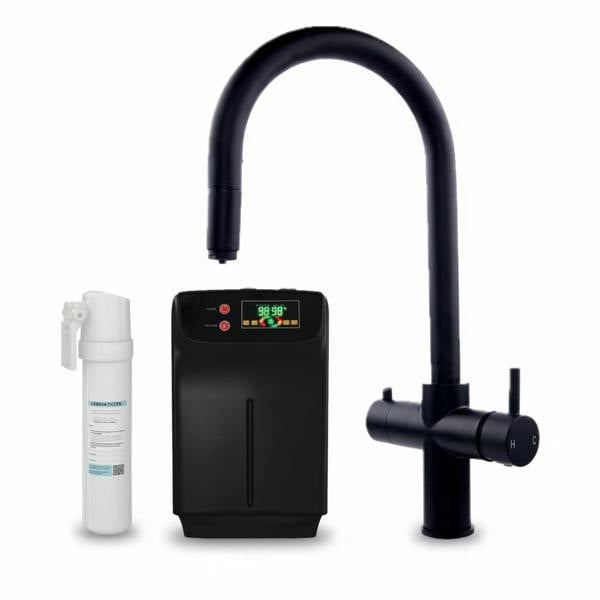 a modern round neck matt black pull out boiling water tap, boiler + carbon filter on a white background