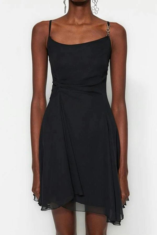 WOVCOR A-Line Accessory Detailed Lined Chiffon Short Flowy Evening Dress