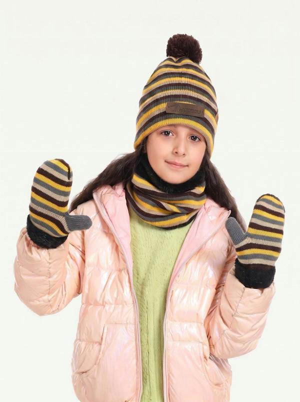 Anniou Kids Striped Knit Hat Scarf Mittens  Set - Yellow