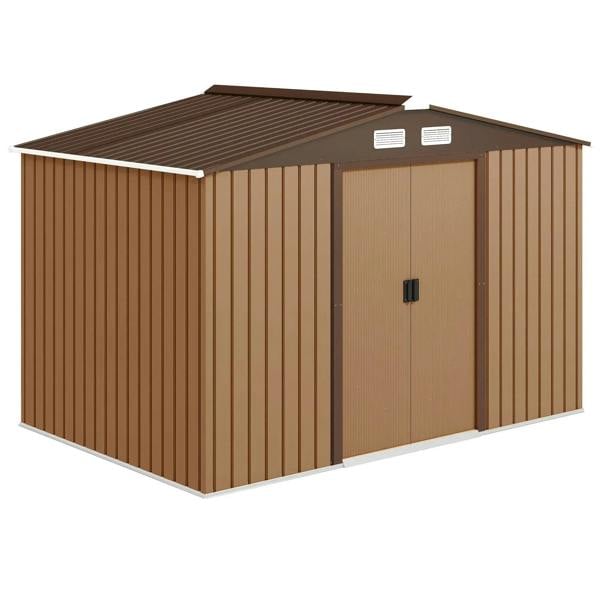 Light brown metal garden shed with double doors and ventilation vents, gable roof