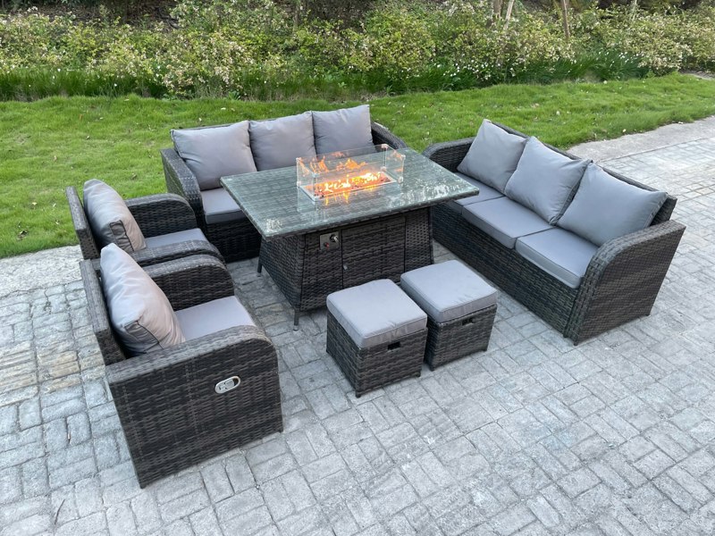 Fimous Rattan Outdoor Garden Furniture Set with Gas Fire Pit Dining Table,  2 Reclining Chairs, 2 Sofas, 2 Foot stools - 10 Seater - Dark Grey