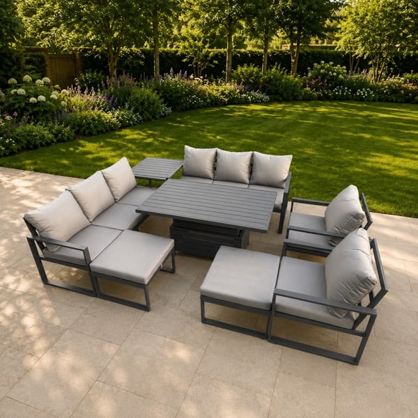 Fimous 10 Seater Aluminium Garden Furniture Set with Adjustable Rising Dining Table, 2 Sofas, 2 Chairs, 2 Footstools, Side Table - Grey