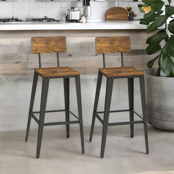 Rafaelo Mobilia Set of 2 Industrial Bar Stools with Backrest Brown