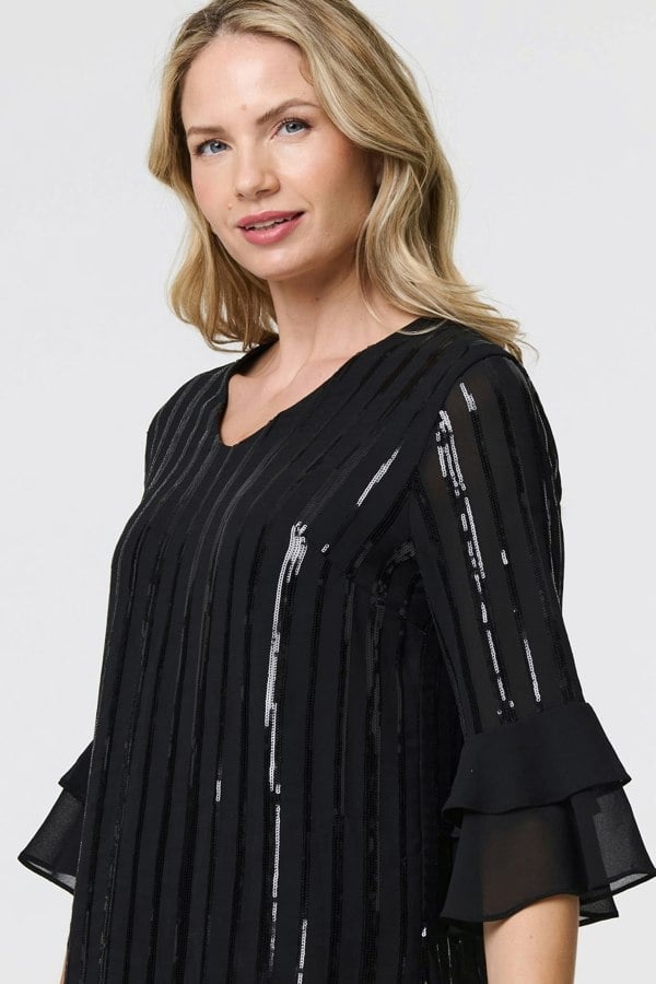 Black | Sequin Stripe Ruffled 3/4 Sleeve Blouse
