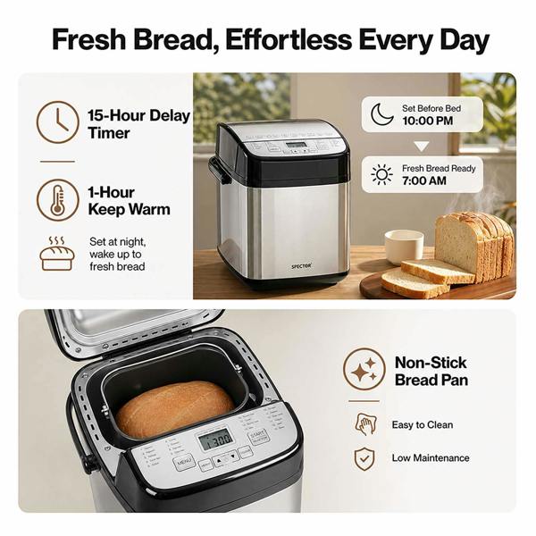 Spector Bread Maker 19 In 1 Compact Machine 15H Timer 1.5Lb for Home Baking