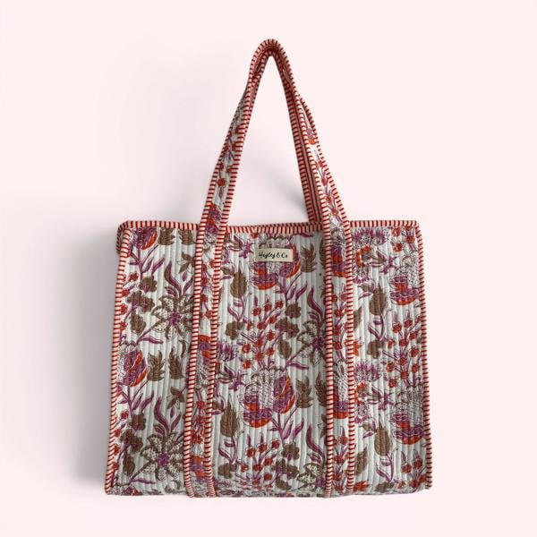 Hayley & Co Pink and Orange Floral Quilted Cotton Tote Bag