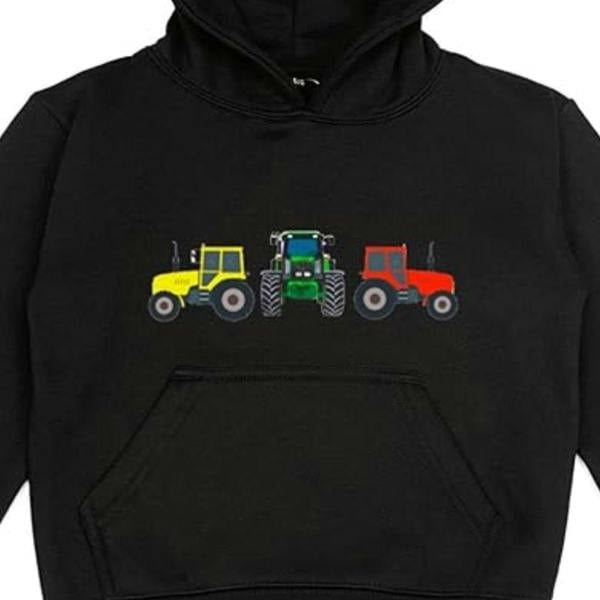 Close-up of detailed tractor embroidery on Kids Three Tractor Hoodie, durable stitched design that won’t fade or peel