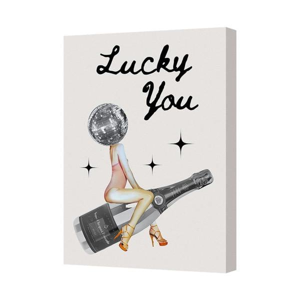 Benjamin Tate Design Lucky You Canvas Art Print Featuring Disco Ball Head On Champagne Bottle