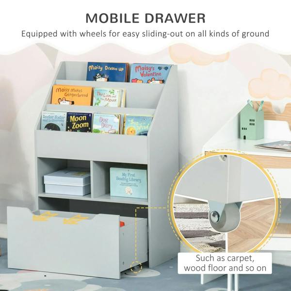 Grey mobile kids bookshelf toy organizer with wheels and open book shelves
