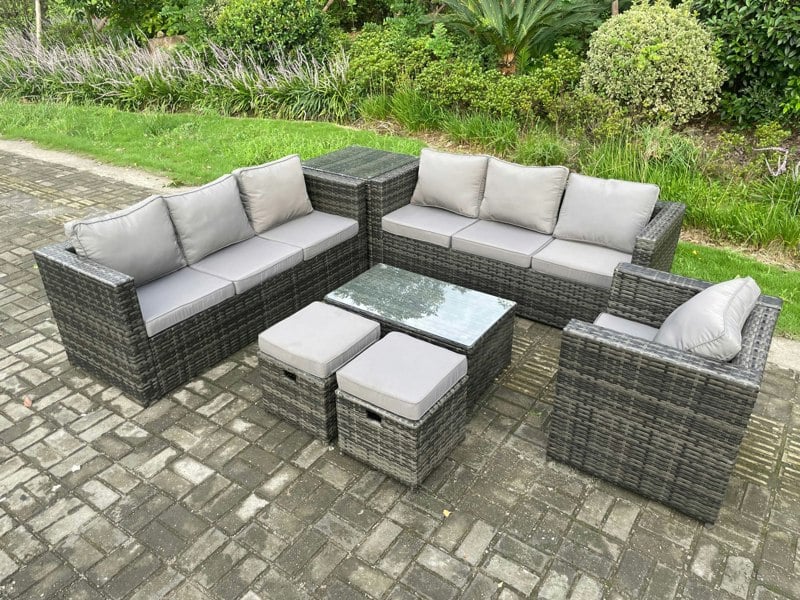 Fimous Wicker PE Rattan Sofa Set Outdoor Patio Garden Furniture with Armchair Oblong Coffee Table Side Table 2 Small Footstools Dark Grey Mixed