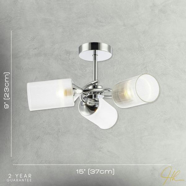 Modern Chrome Ceiling Light with Cylindrical Lined Clear Glass Shades Image 7