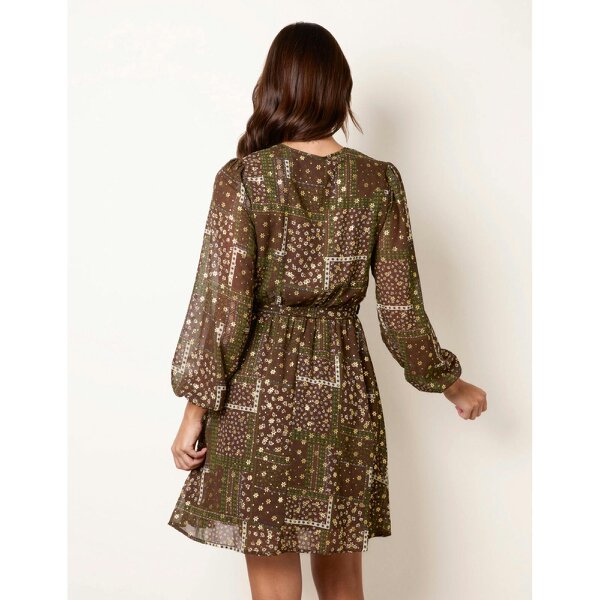 Blue Vanilla Patchwork Wrap Long Sleeve Dress