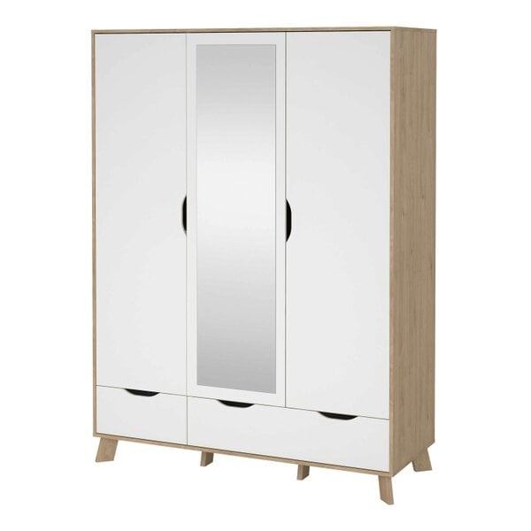 Wyld Haus Lira Jackson Hickory Oak Wood and White Wardrobe 3 Doors  2 Drawers with Mirror