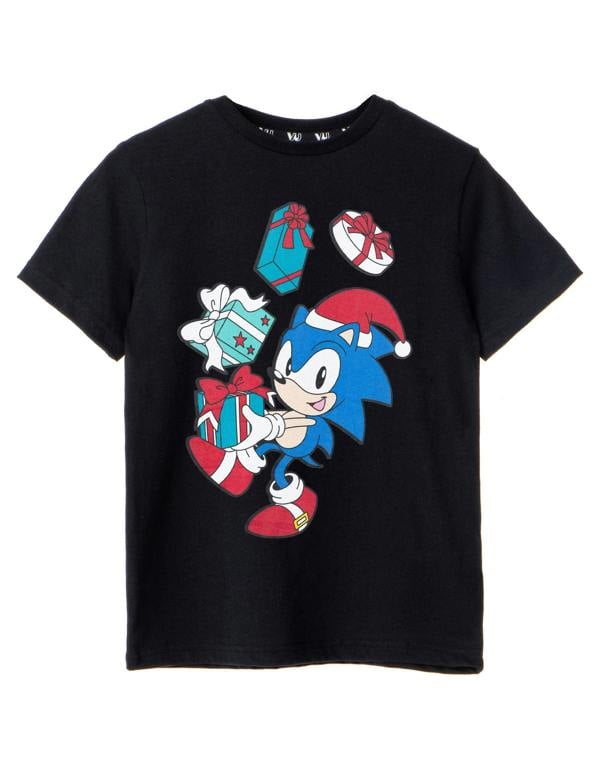 Sonic the Hedgehog Boys Black Christmas Presents Short Sleeved T-Shirt