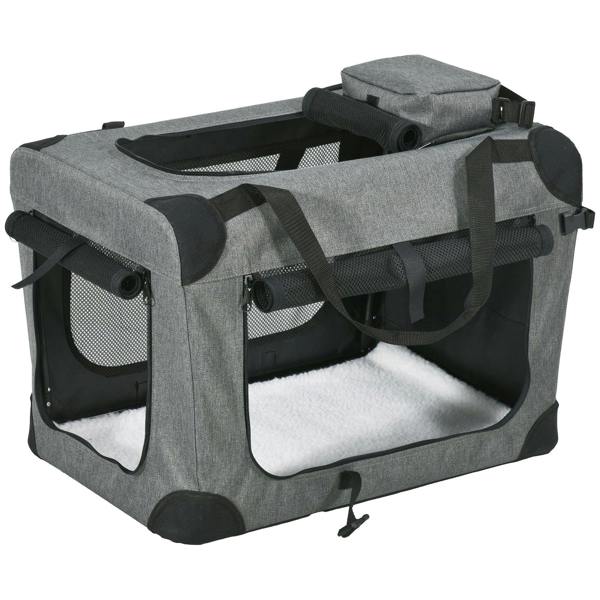 Grey folding pet carrier with front mesh panels, carry straps, and side net door