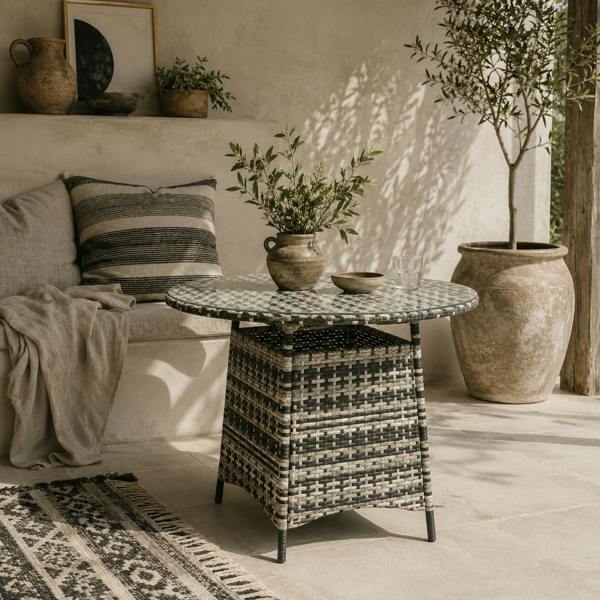 Wyld Haus Viveke Rattan Grey Outdoor Coffee Table With Tempered Glass Top And Parasol Hole