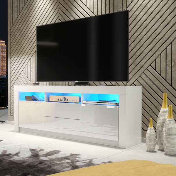 Mex Furniture Spacious 160cm TV Unit & Cabinet with White Gloss Doors and Free LED