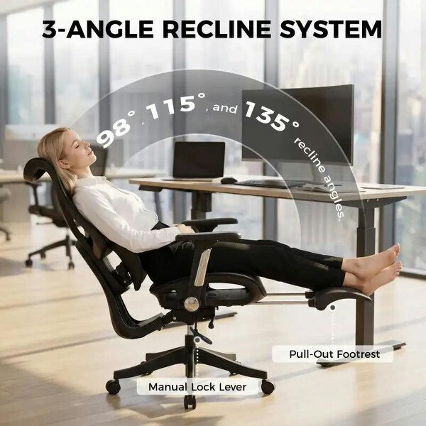 Ergonomic Office Chair with Lumbar Support, Mesh Reclining Desk Chair with Footrest, Adjustable High Back, Black