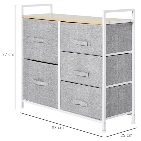 Grey linen fabric 5-drawer storage unit sized 83 x 29 x 77 cm (W x D x H)