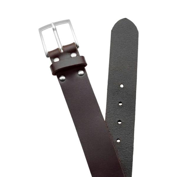 Brown leather belt with silver buckle on a white background