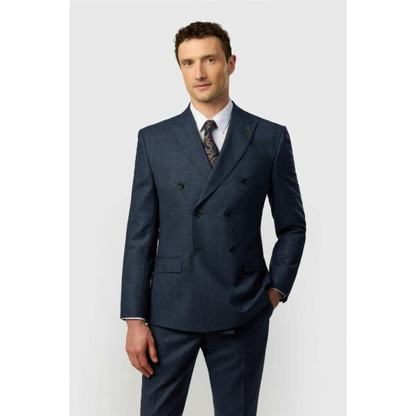 Ted Baker Tailored Fit Navy Prince of Wales Check Double Breasted Jacket