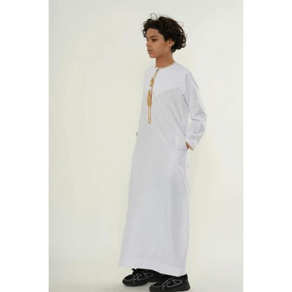 TT-003 - Boy's Emirati Omani Gold Tassel Embroidery Thobe - White - Thobez - 6