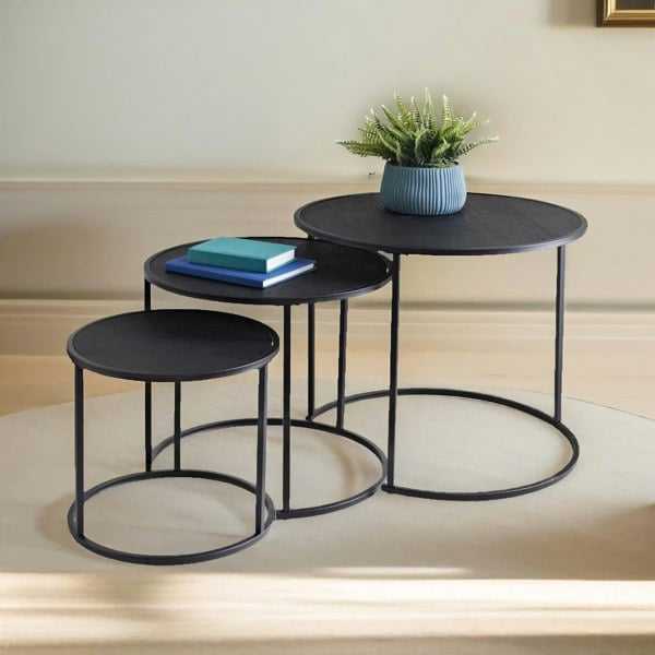 Rafaelo Mobilia Set Of 3 Round Wooden Nesting Tables Black