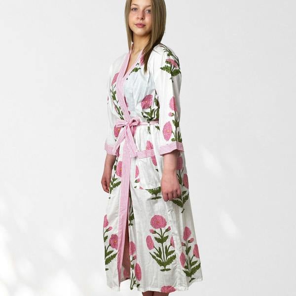 Hayley & Co White and Pink Flower Print 100% Cotton Dressing Gown
