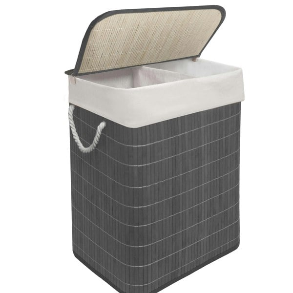 MANTRARAJ Bamboo Laundry Basket 105L Laundry Hamper with Lid Foldable Laundry Bin with 2 Compartments Grey