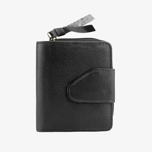 Black leather wallet with a zipper on a white background