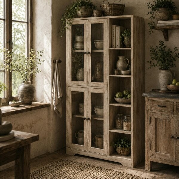 Wyld Haus Mole Pantry Wooden Grey Wood Effect Kitchen Storage Cabinet With Glass Doors