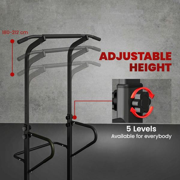 Black adjustable height power tower with numbered height levels and support hooks