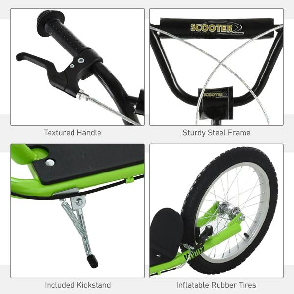 Green kids kick scooter details: textured grips, steel frame, kickstand, inflatable tires