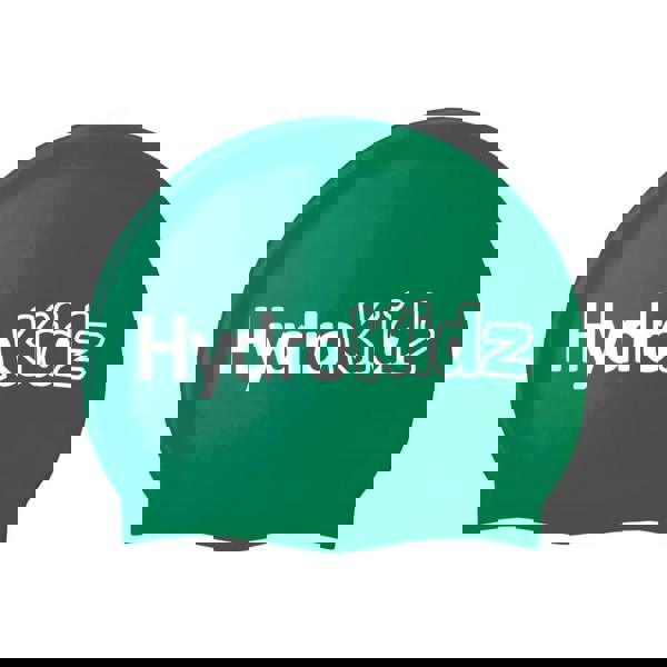 Green HydroKidz swim cap with white logo and high quality silicone texture