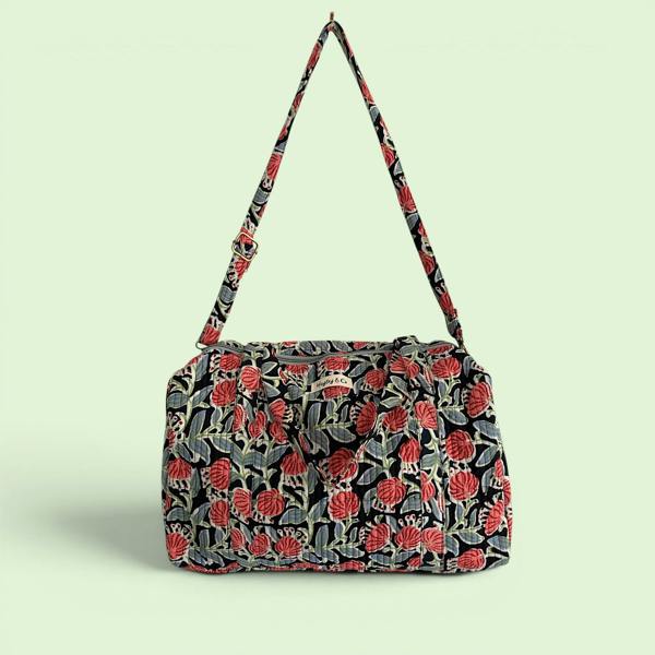 Hayley & Co Weekend Duffle Bag | Black and Red Block Print Floral with Long Strap