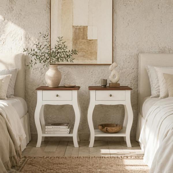 Wyld Haus Rifipa White Set Of 2 French Style Bedside Tables With Drawer And Open Shelf