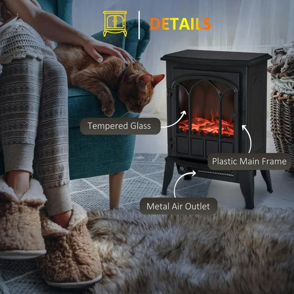 Black electric stove fireplace with tempered glass front and LED log flame detail.