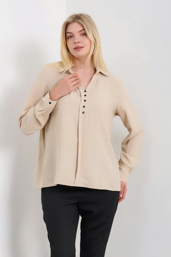Hoxton Gal Oversized Long Sleeves Blouse Shirt with Button Details in Beige