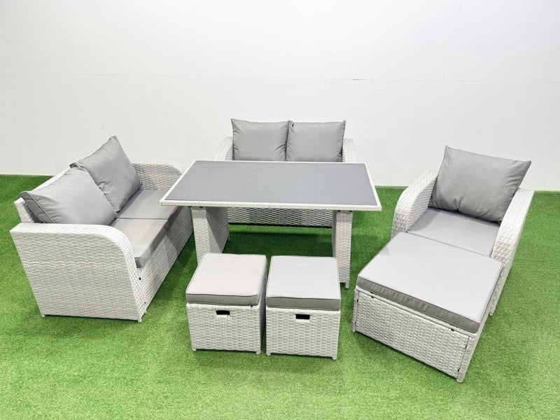 Fimous Rattan Sofa Outdoor Furniture with Dining Table,Love Sofa,3 Stools Patio Furniture Light Grey 8 Seater