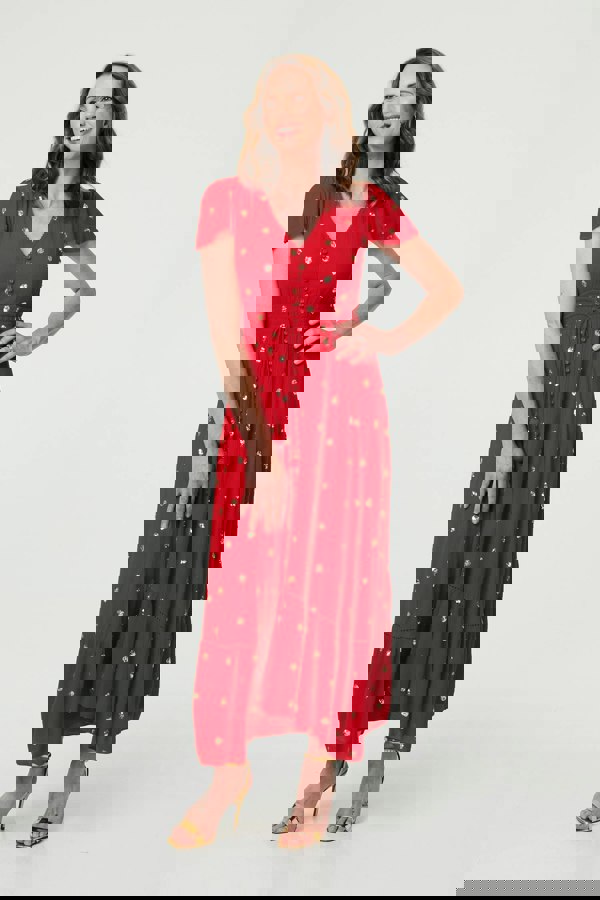 Red | Sparkly Cap Sleeve Tassel Tie Maxi Dress
