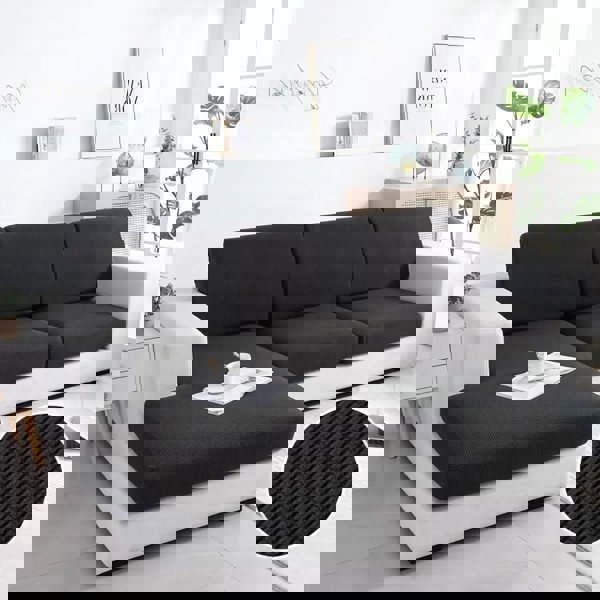 Anyhouz Anyseat Sofa Cover Black Polyester Thick Stretchable Cushion For Living Room 1Pc Normal Size 225-275cm