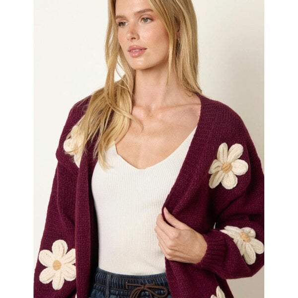 Blue Vanilla Daisy Large Flower Cardigan - Wine